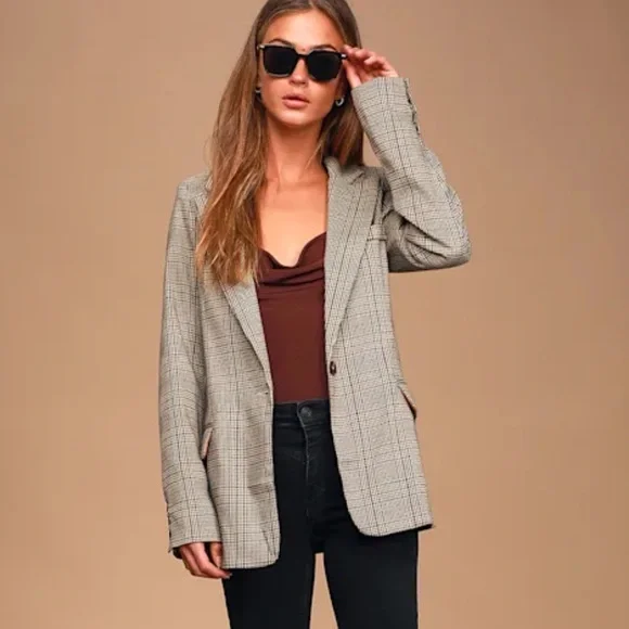 Lulus Making Headlines Beige Multi Plaid Blazer size XS - Picture 2 of 11